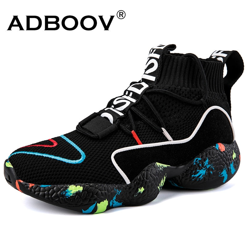 ADBOOV High Top Sneakers Women Knit Upper Breathable Sock Shoes Woman Thick Sole 5 CM Fashion sapato feminino Black / White